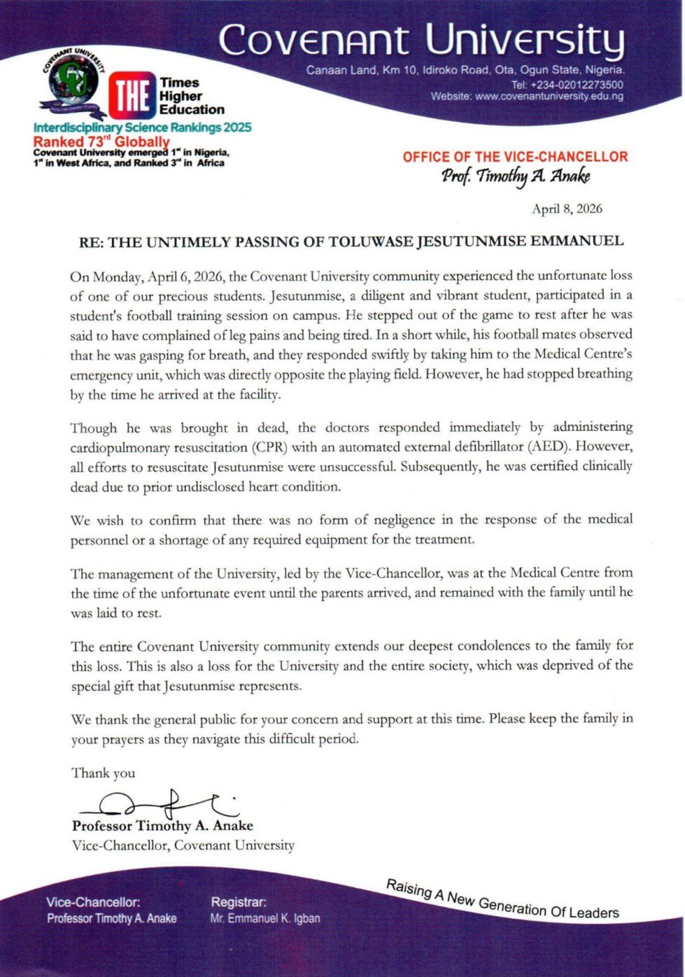 500-level Covenant University student d!es after developing breathing problem while playing football on campus