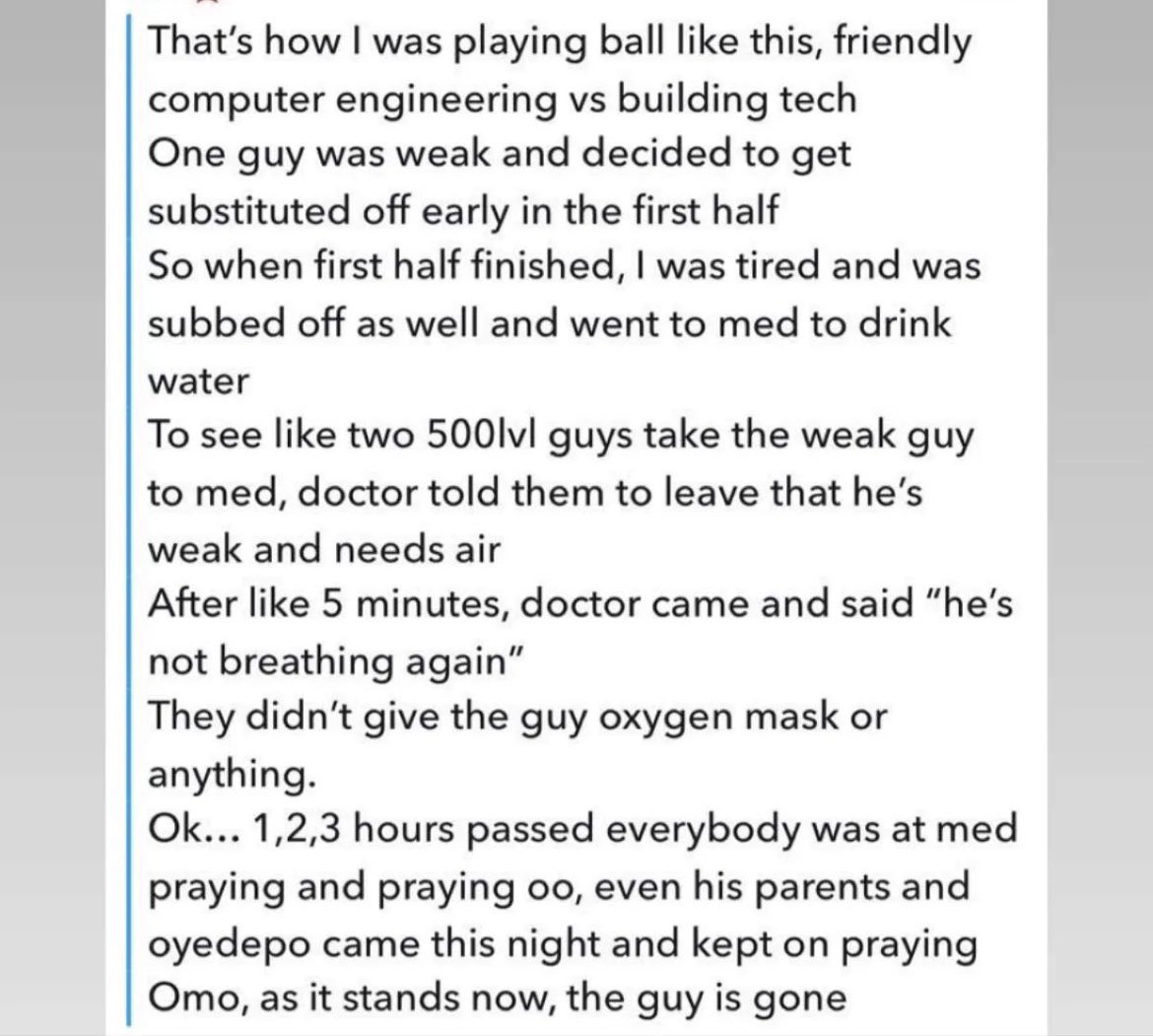 500-level Covenant University student d!es after developing breathing problem while playing football on campus