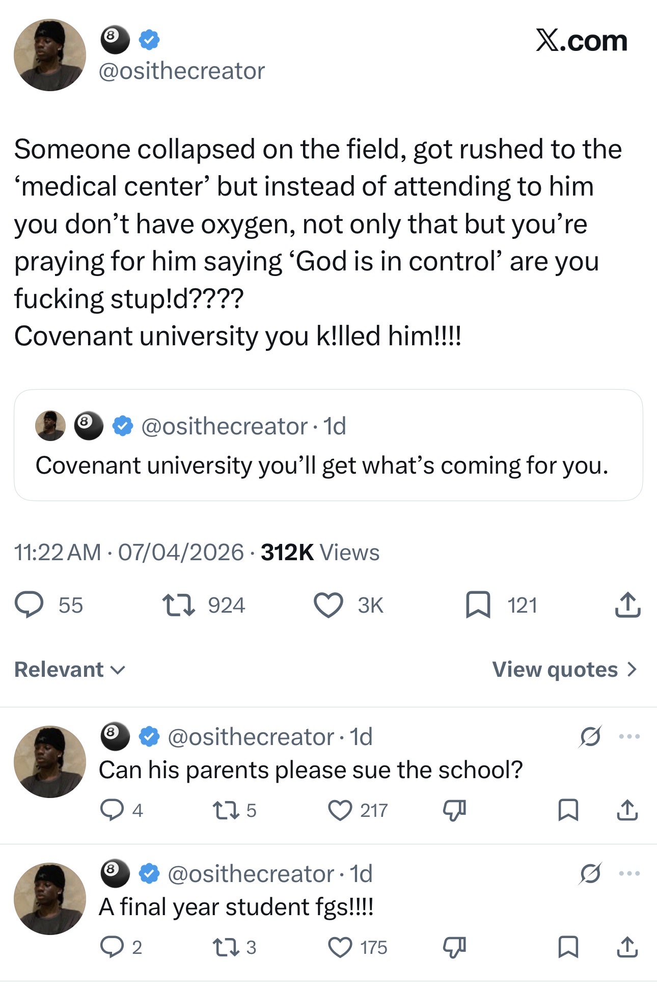 500-level Covenant University student d!es after developing breathing problem while playing football on campus