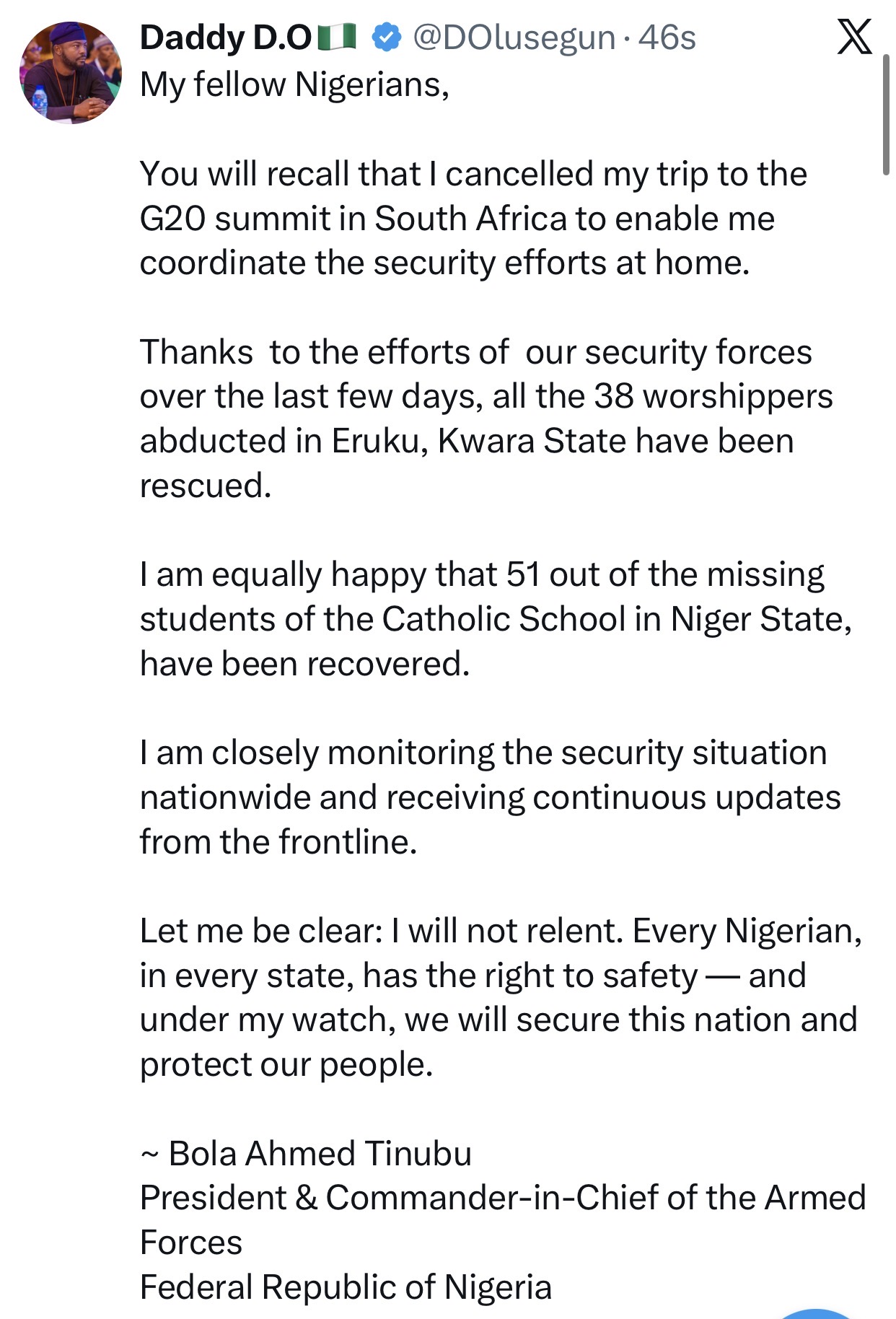 All 38 church members abducted in Kwara have regained ther freedom - President Tinubu