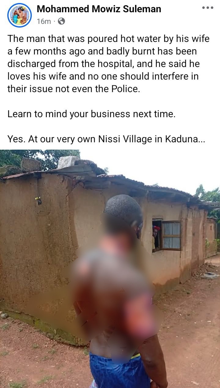 Kaduna man says he still loves his wife after she poured hot water on him