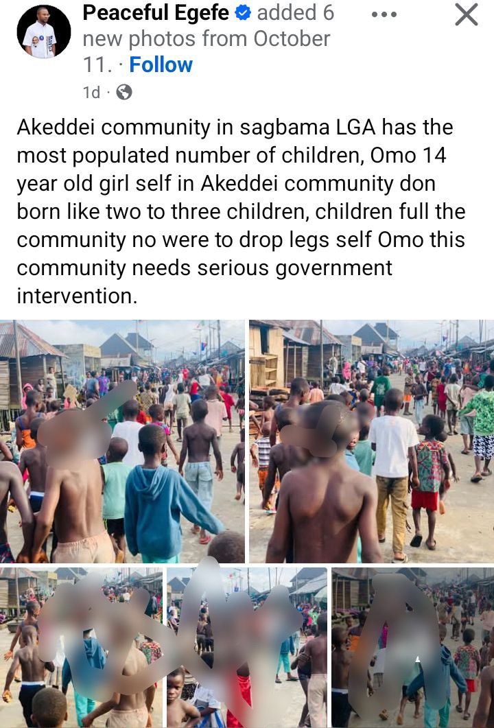 Man shares photos of Bayelsa community where "girls as young as 14 are mothers of 2 to 3 children"