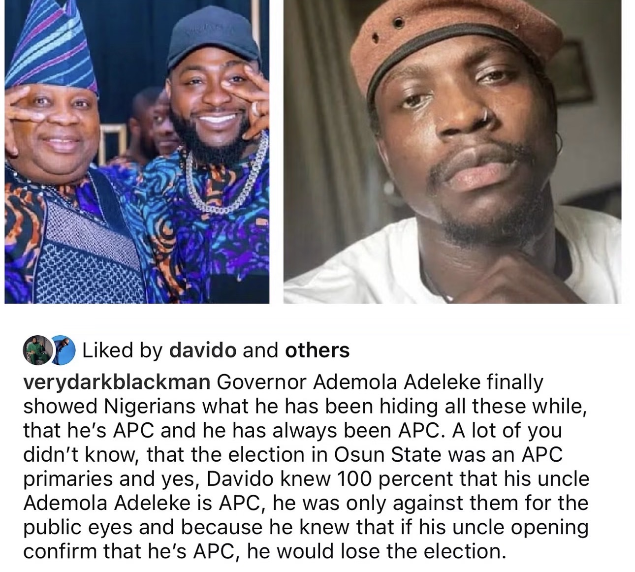 Davido likes VDM’s post tackling him and his Uncle, Gov Adeleke
