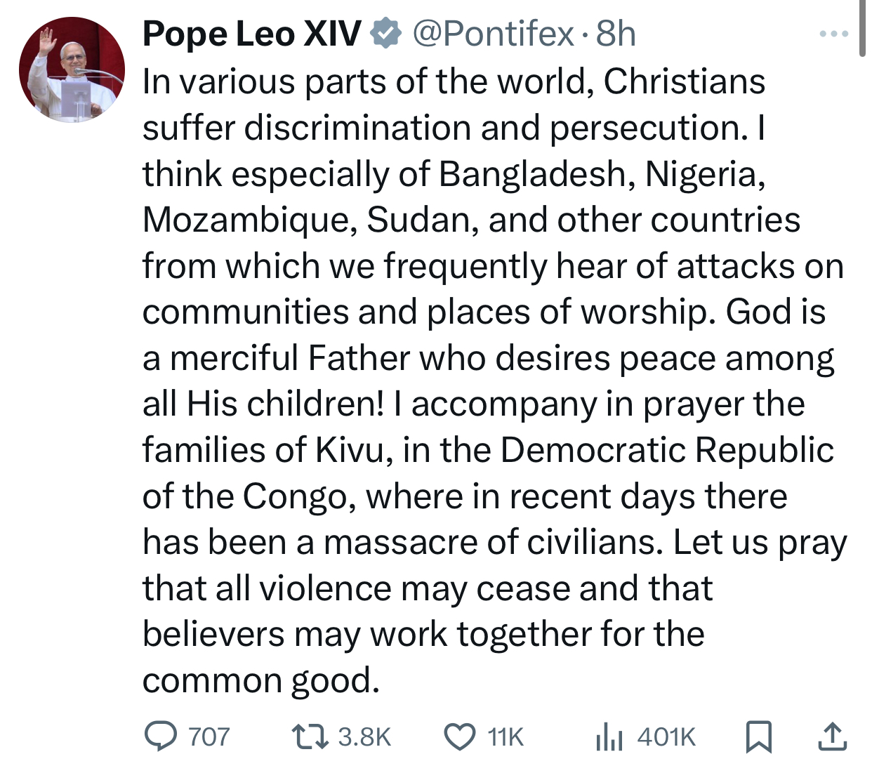 Pope Leo lists Nigeria among Countries where Christians face persecution