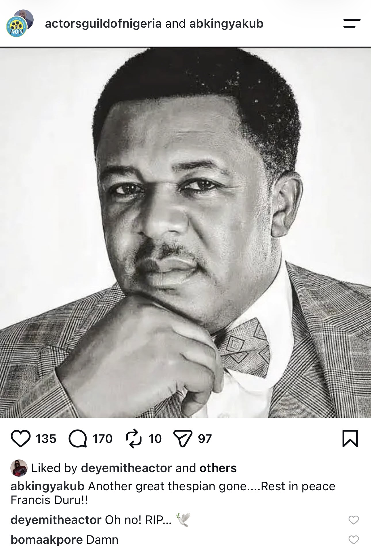Nollywood legend Francis Duru dies at 57 after brief illness