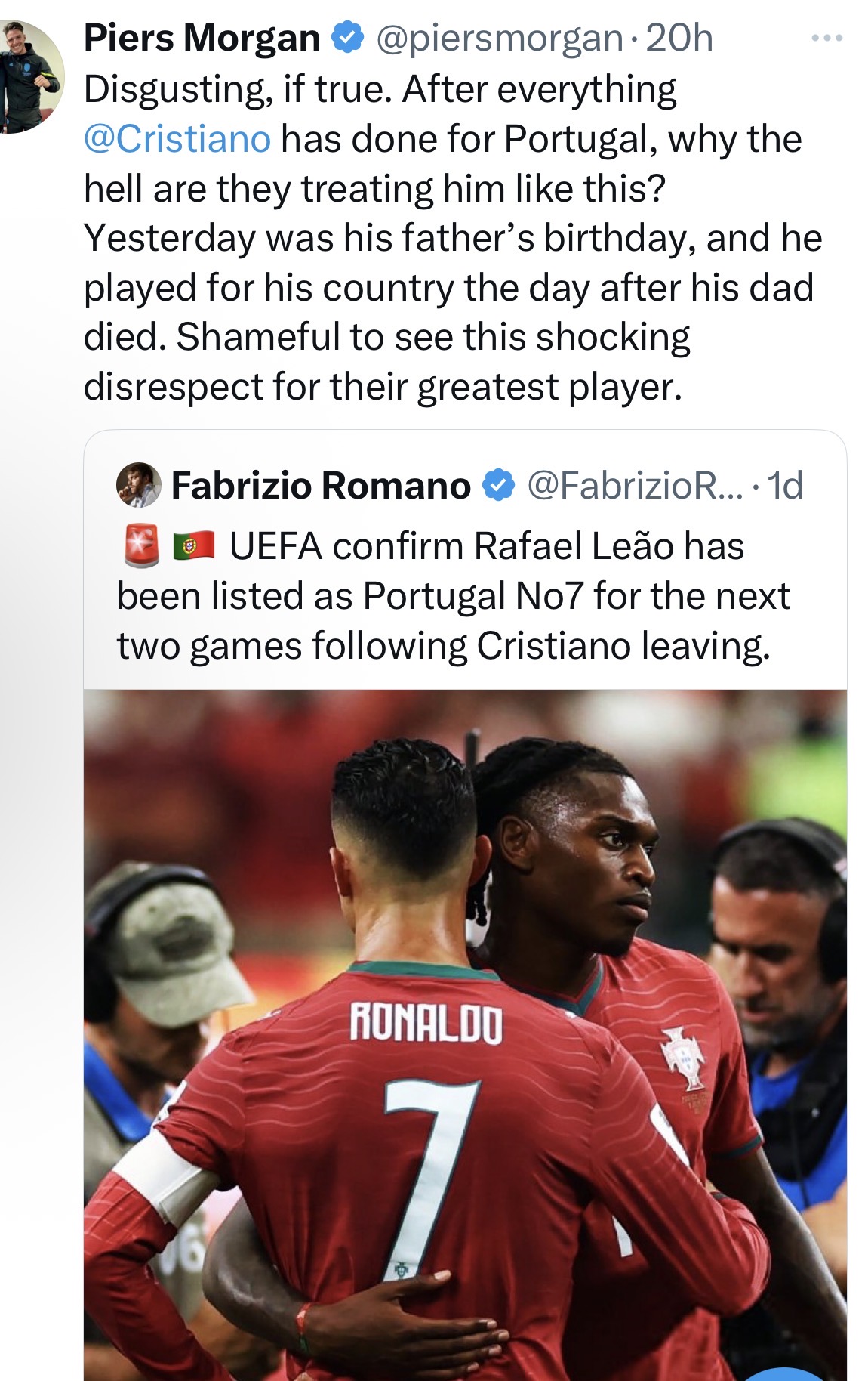 Disgusting, shameful’ – Piers Morgan slams Portugal for giving Ronaldo’s iconic No.7 shirt to Leão