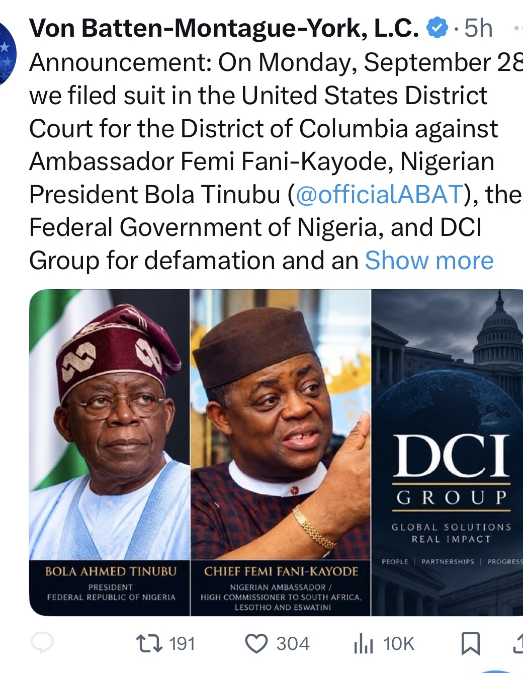 US firm files $57m lawsuit against Tinubu, Fani-Kayode, others