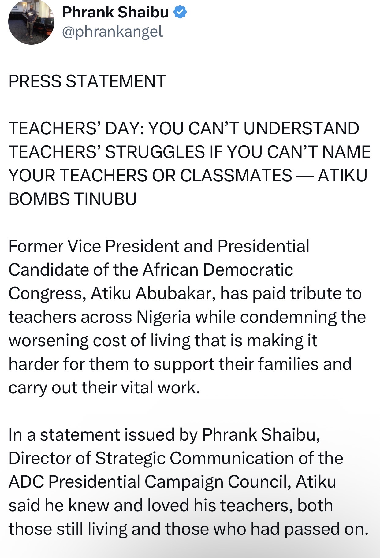 You won’t understand teachers’ struggles if you can’t name yours — Atiku to Tinubu