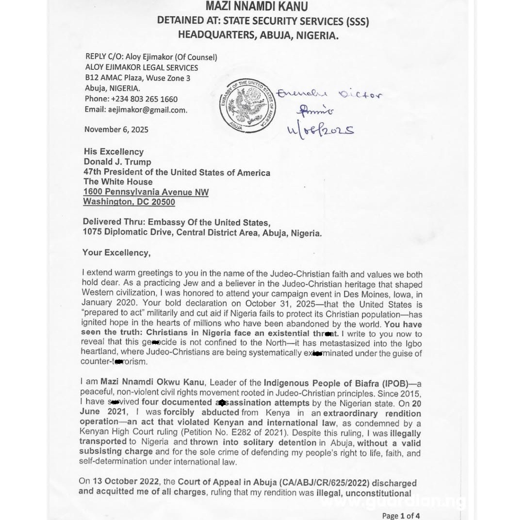 "Trump, You said America will act. Now is the moment" Nnamdi Kanu writes Donald Trump, alleges Christian Gen0cide in South East