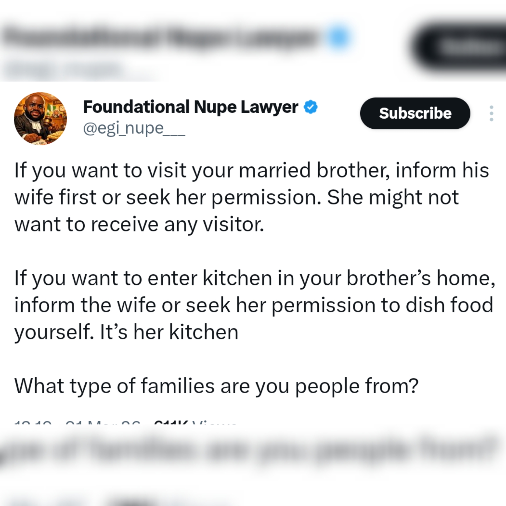 X user sparks debate on whether you should inform your brothers wife before visiting his home