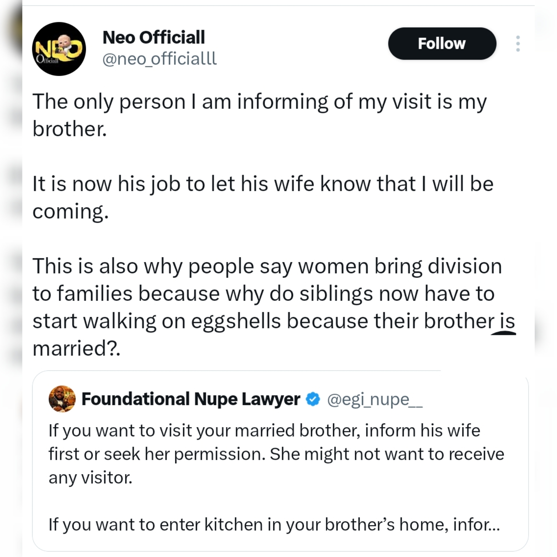 X user sparks debate on whether you should inform your brothers wife before visiting his home