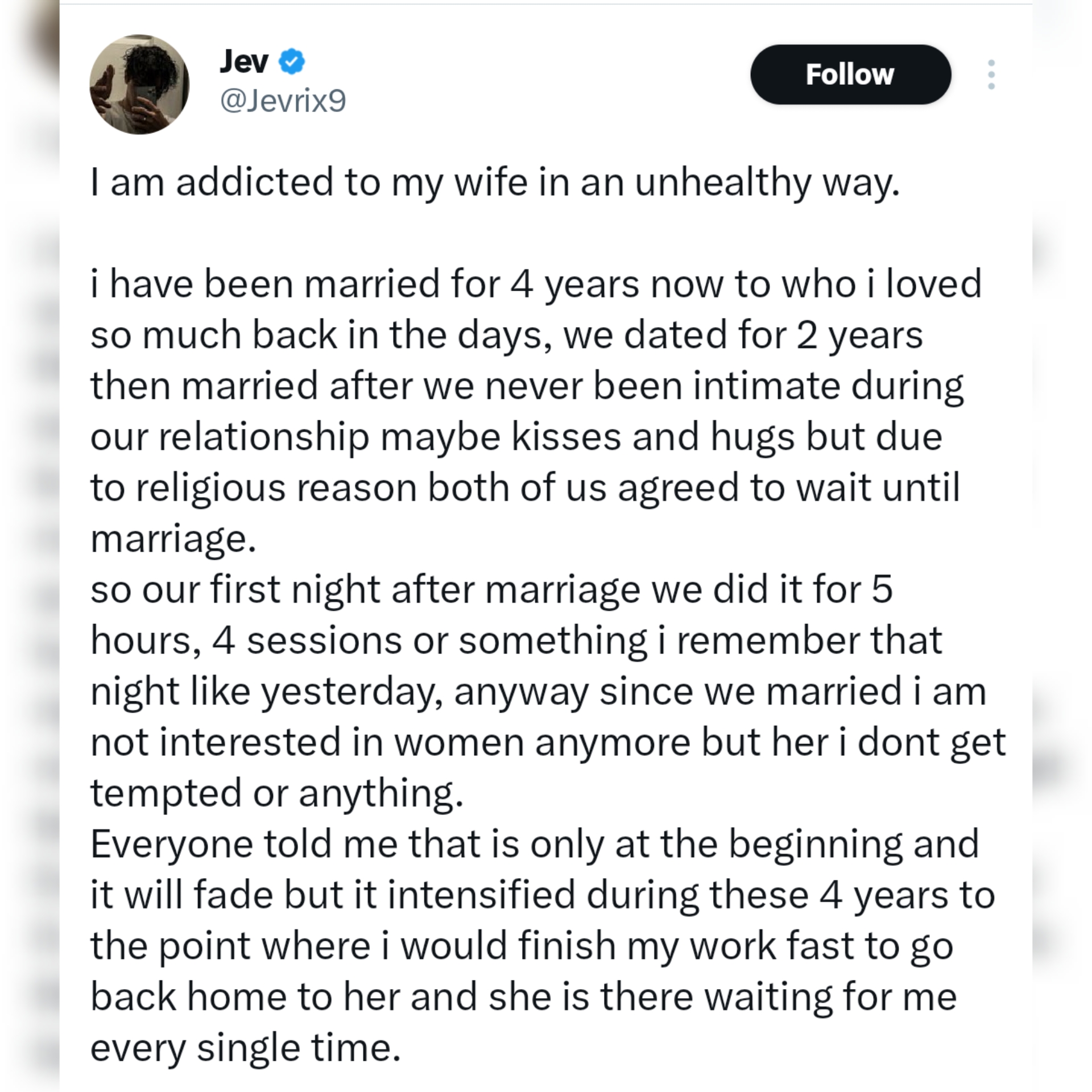 âI think Iâm addicted to my wifeâ â Man shares how his desire for his wife has grown after 4 years of marriage