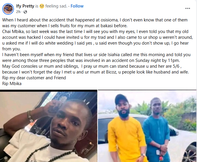 Two friends d!e as car plunges into ditch in Aba