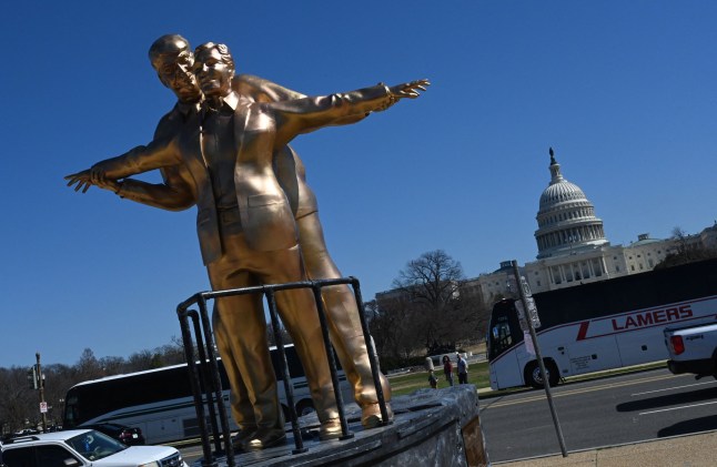 New bronze statue of Trump and Epstein recreating iconic Titanic moment is erected in Washington DC