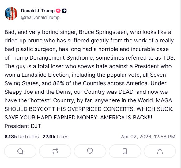 Donald Trump calls singer Bruce Springsteen a ?dried up prune?