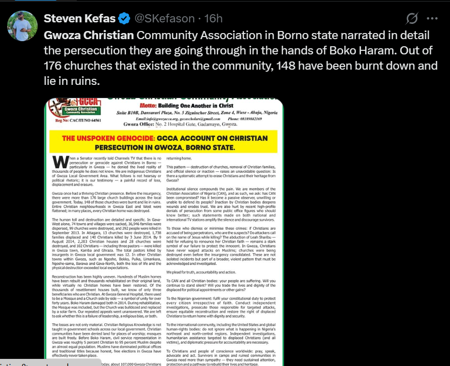 Out of 176 churches in the community, 148 have been burnt to the ground and lie in ruins - Gwoza Christian Association of Borno state share their experience in the hands of Boko Haram