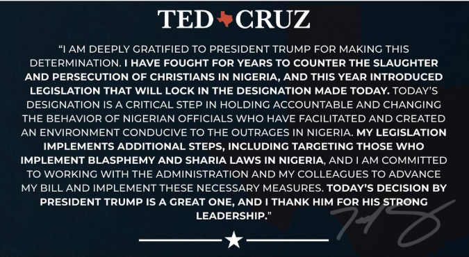 US Senator Ted Cruz to introduce a legislation targeted at Nigerian politicians who introduced Sharia and blasphemy laws