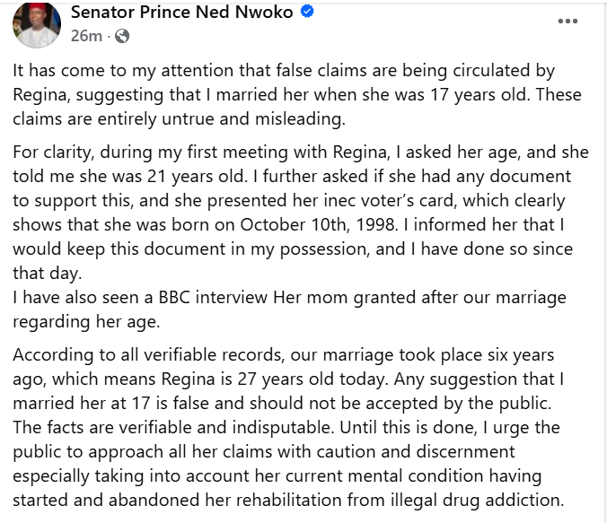 Regina Daniels is 27 years today - Senator Ned Nwoko presents estranged wife?s old voters card as he counters claim of meeting and marrying her when she was underage