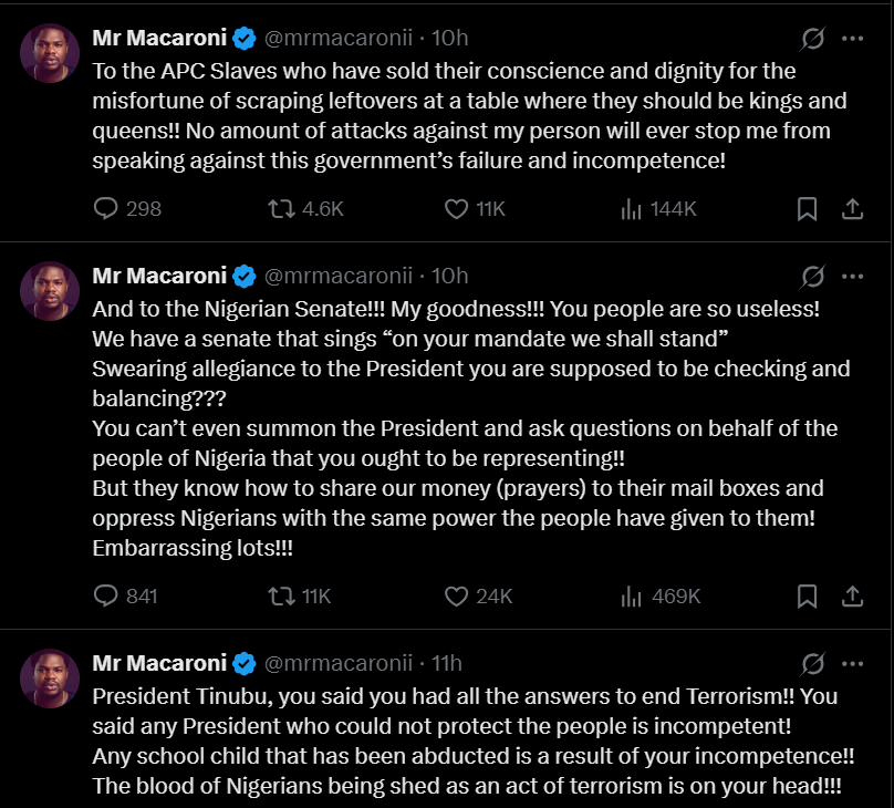 Insecurity: The Nigerian senate is so useless that they can?t even summon the President on behalf of the Nigerian people - Comedian Mr Macaroni