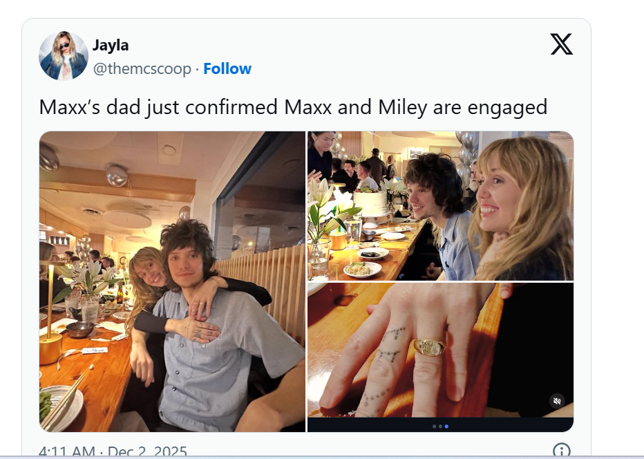 Singer Miley Cyrus reportedly engaged to Maxx Morando