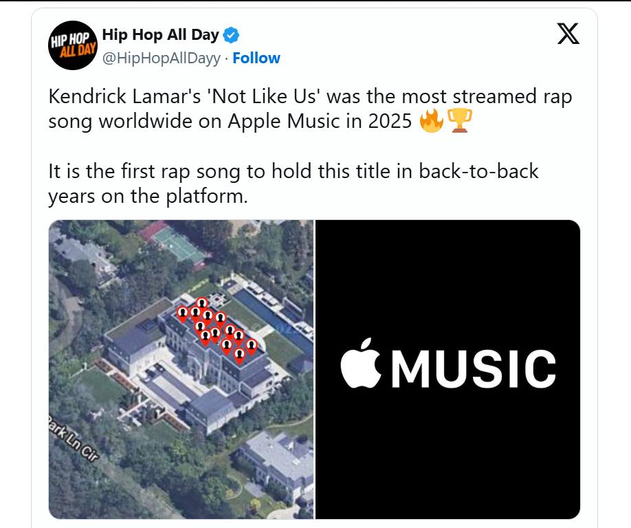 Rapper Drake tops Apple Music 2025 but so does Kendrick Lamar