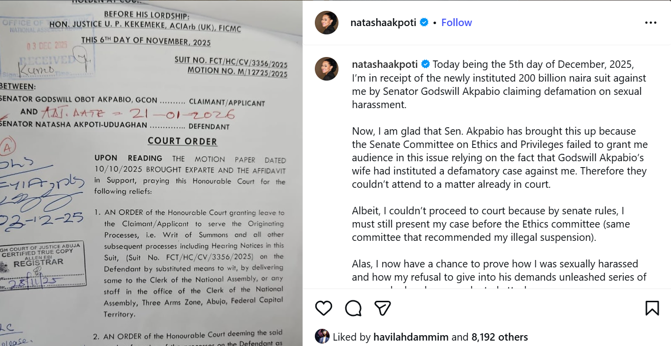 Akpabio seeks N200bn damages as he files defamation lawsuit against Natasha Akpoti over s3xual harassment allegations