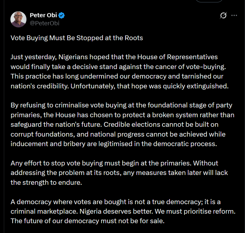 Peter Obi calls out House of Reps members for failing to criminalise vote-buying