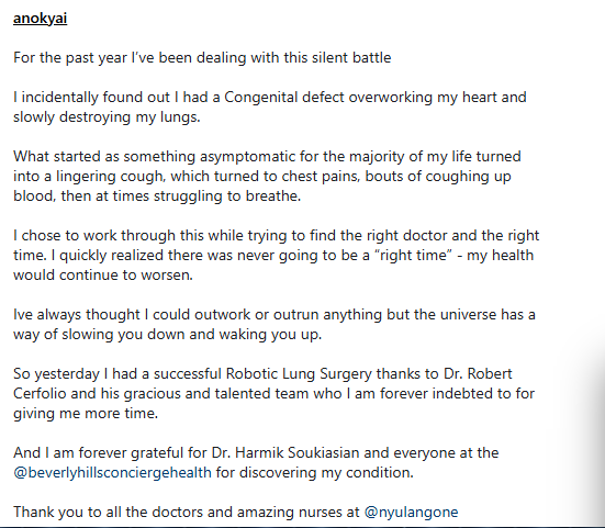 Supermodel Anok Yai reveals Congneital Lung Defect diagosis as she undergoes robotic surgery