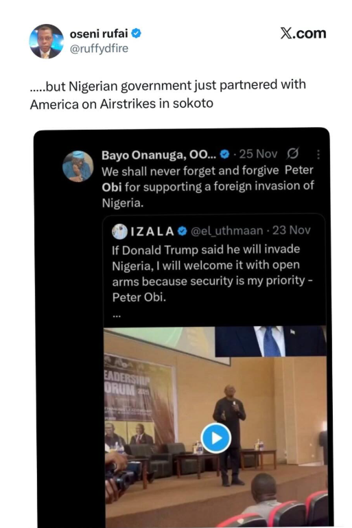 The Nigerian government partnered with America on airstrikes in Sokoto - Media personality calls out President Tinubu?s media aide Bayo Onanuga after past criticism of  Peter Obi