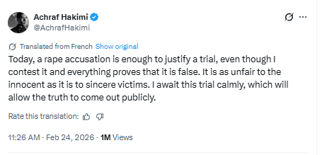 PSG defender Achraf Hakimi breaks silence as r@pe case proceeds to trial