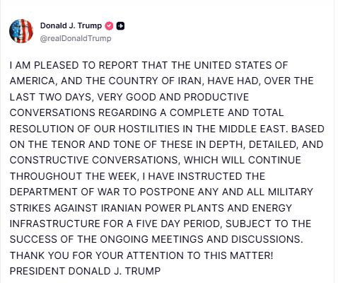 President Trump announces halt to any plans for strikes on Iranian power plants