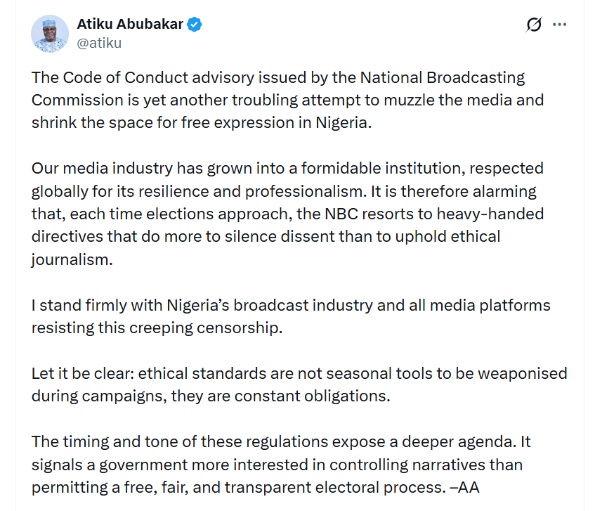 Atiku accuses NBC of attempting to censor Nigerian media with new rules ahead of 2027 election
