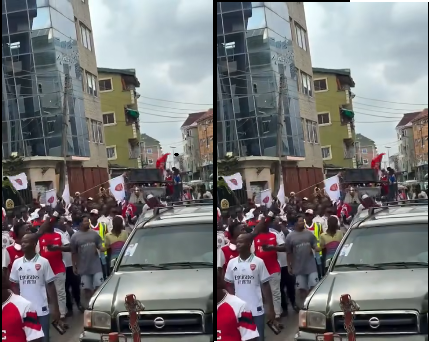 Arsenal fans spotted on the streets of Lagos Island ahead of their trophy presentation (Video)