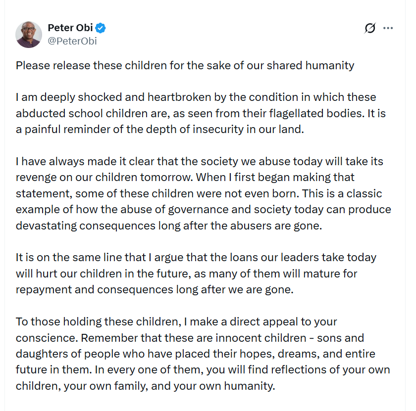 Abduction of school children is a painful reminder of the depth of insecurity in our land - Peter Obi