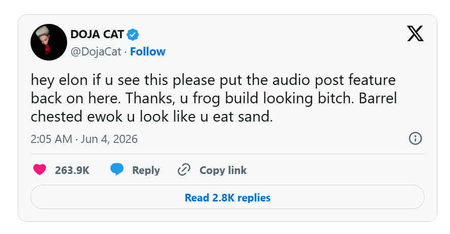 Singer Doja Cat calls Elon Musk a 