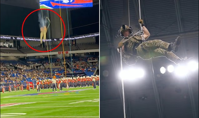 Moment US Air Force service member dies in horrific 150ft fall at college football game (Video)