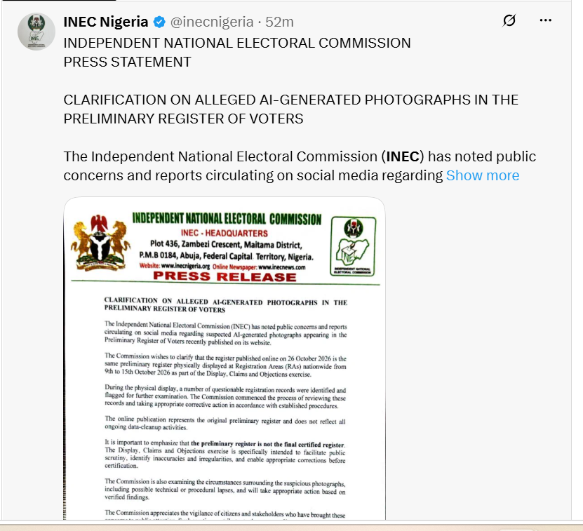 INEC admits there are 'questionable registrations' on voters register it made public after backlash from Nigerians over AI-generated photos and names of deceased persons