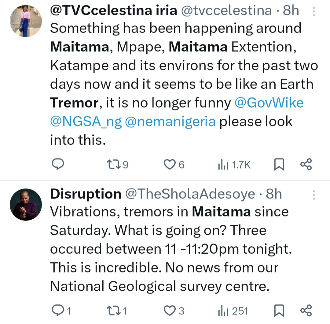 Abuja residents complain about earth tremors in Maitama
