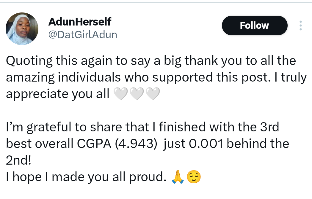 Viral cleaner lady on Twitter graduates top of her class at University of Ilorin