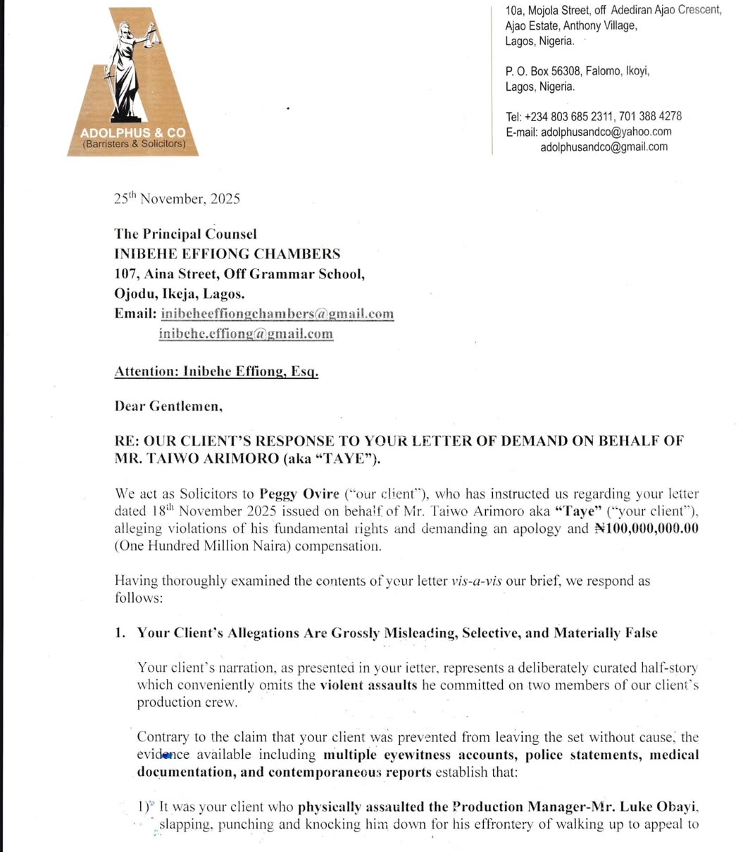 Actress, Peggy Ovire fires back at colleague Taiye Arimoro, denies all his allegations in fresh legal response