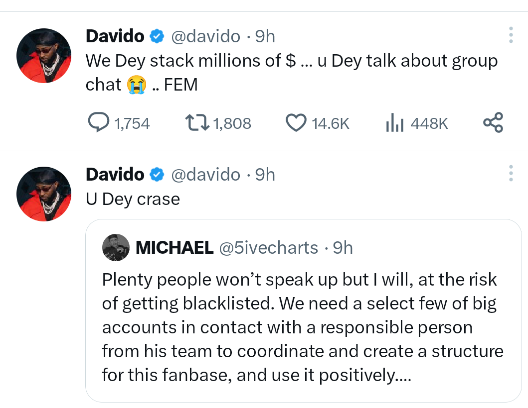 Singer, Davido drops savage reply after fan suggests creating ?structure? for his fanbase