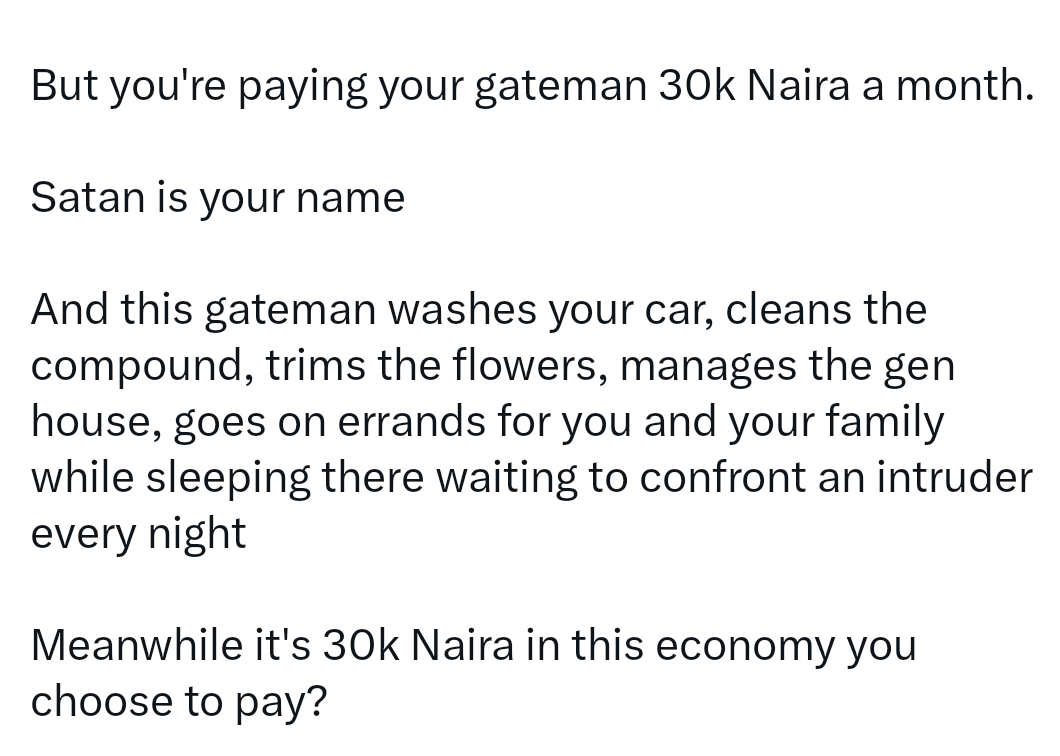 X user calls out Abuja residents over how they treat their gatemen