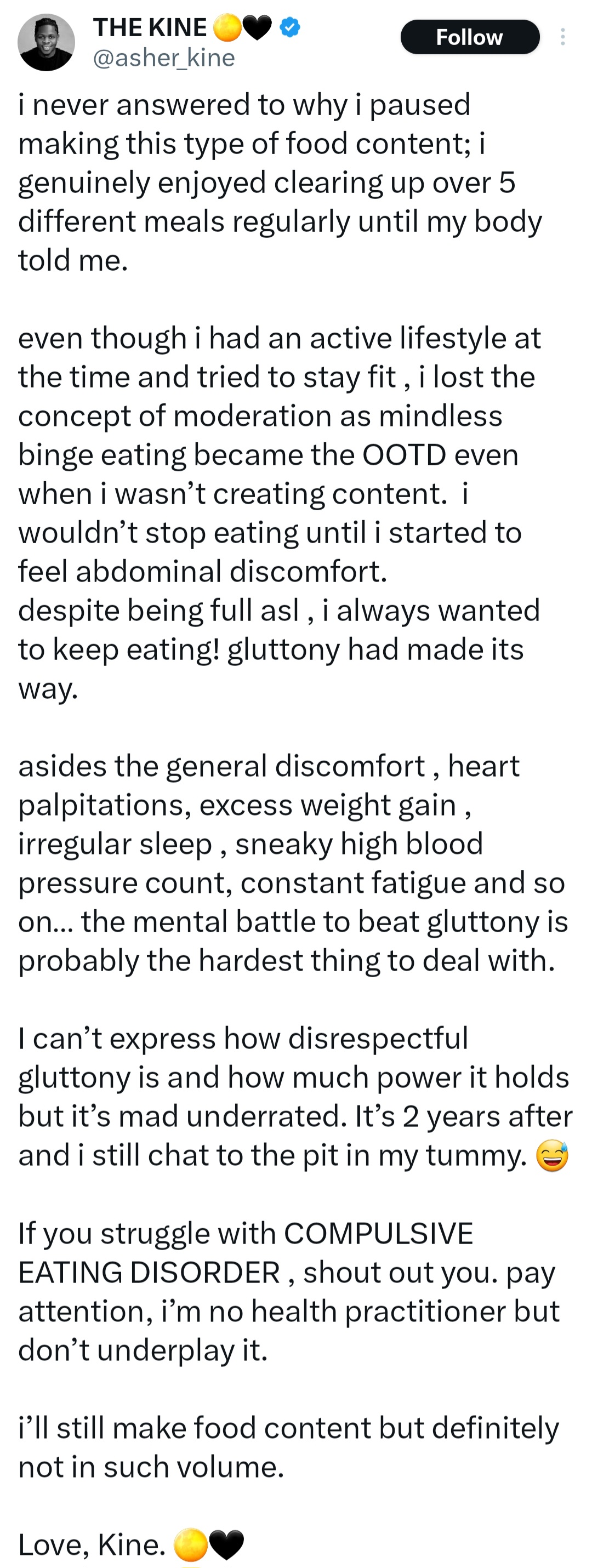 Content creator Asherkine reveals why he stopped making binge-eating content as he warns others