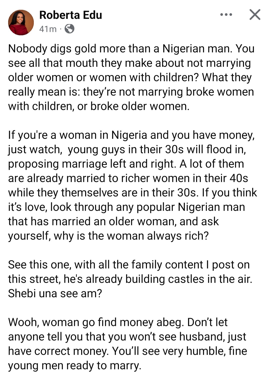 "Nobody digs gold more than a Nigerian man" businesswoman says as she shares message she received from a younger Nigerian man professing love