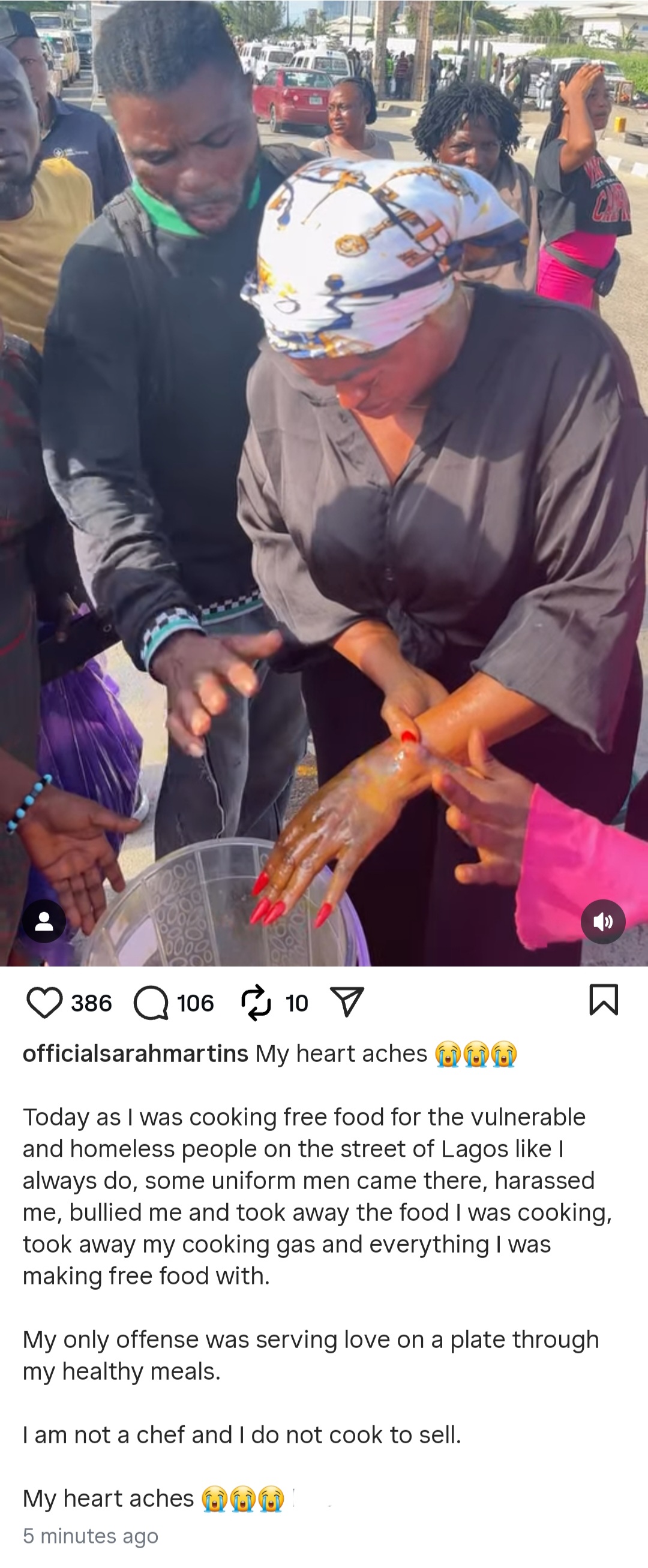 Actress Sarah Martins laments after she was allegedly assaulted by KAI officials while cooking for the less privileged on the street