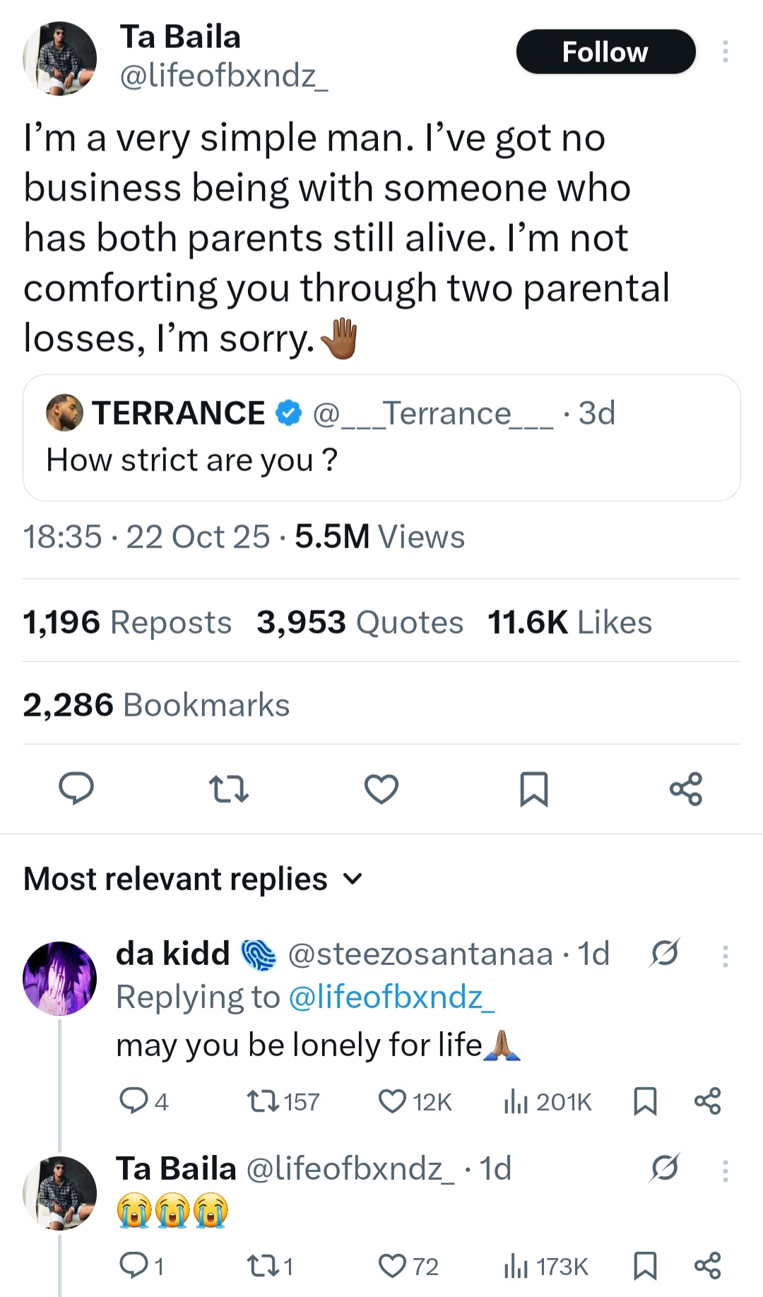 Man reveals why he does not want to be with a woman whose parents are still alive