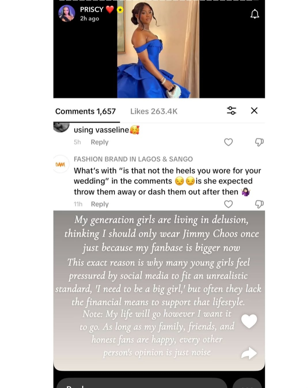 Priscilla Ojo Mkambala responds after being questioned for wearing the same shoe she wore at her wedding to a recent event