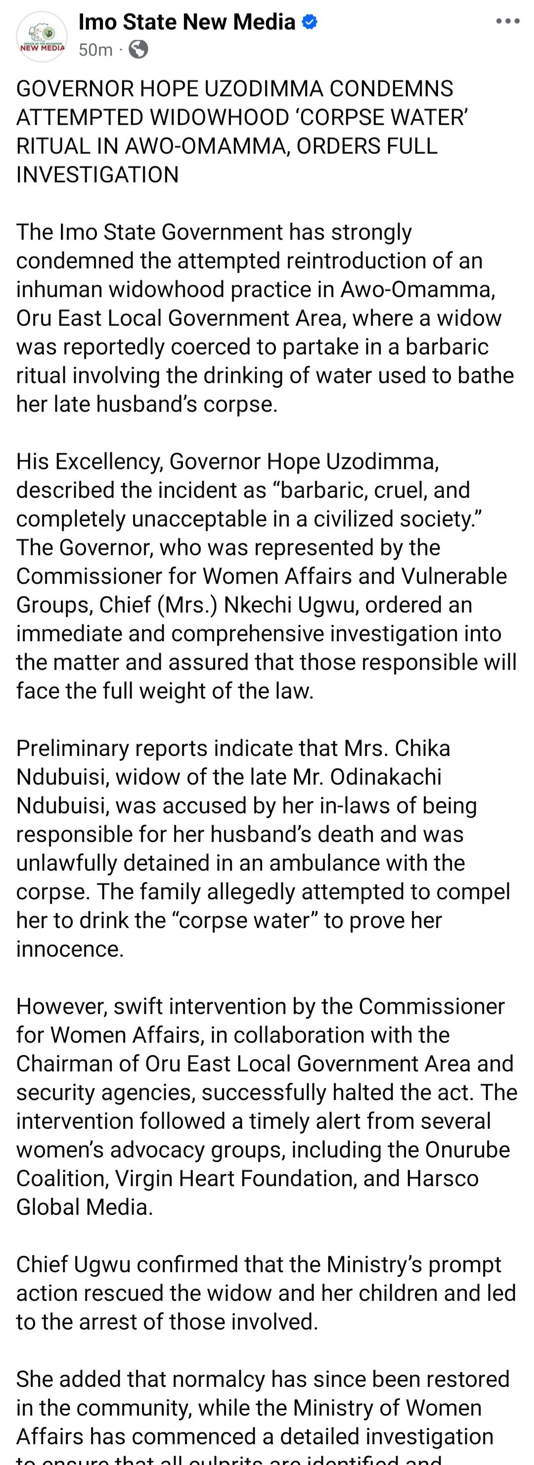 Imo Gov. Hope Uzodinma reacts after widow was locked up in ambulance transporting husband