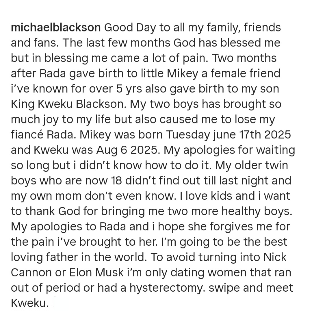 Rada responds after ex-fiance comedian Michael Blackson confessed he fathered another child weeks after she welcomed their son