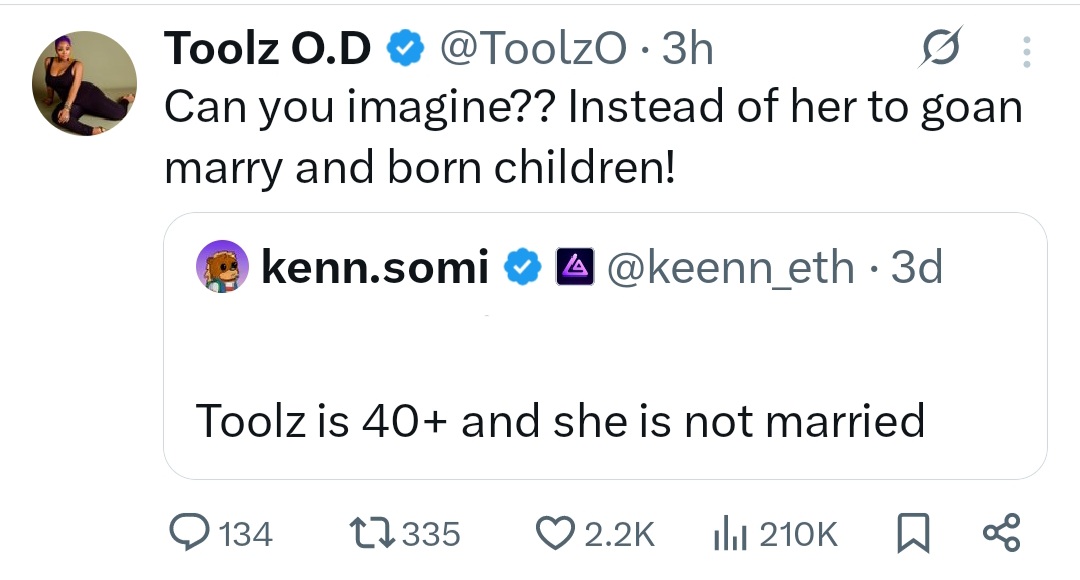 Media personality, Toolz responds to age-shamer who claimed she